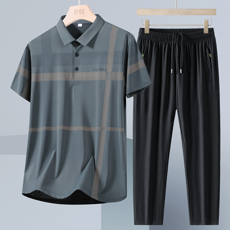 Middle-Aged and Elderly Polo Shirt Suit Men's Summer New Ice Silk Short-Sleeved Pants Dad Casual Thin Two-Piece Set