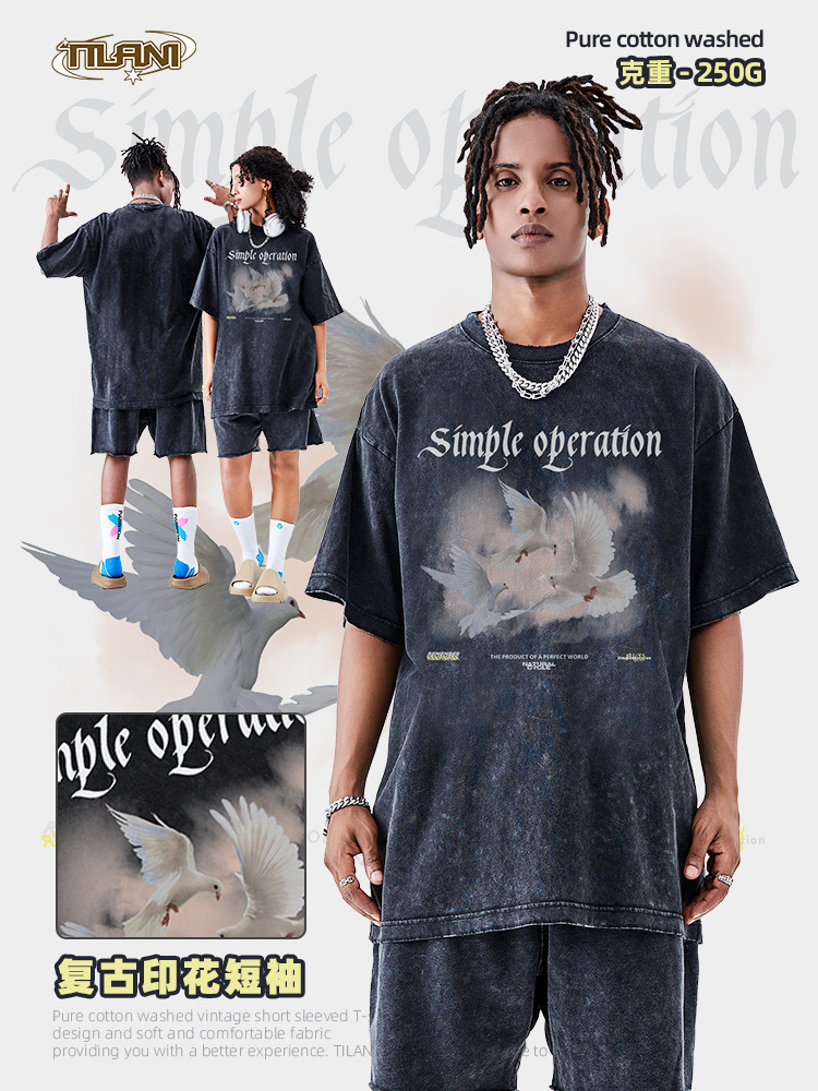 Tilani Men's Summer Ins White Dove Pattern Short-Sleeve T-Shirt Men's Street Style Loose Round Neck Washed Vintage Trendy
