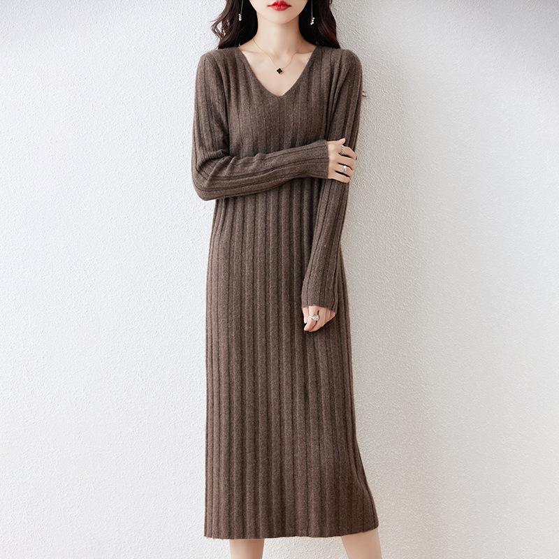 Autumn and Winter V-neck 100 pure wool dress women's slim-fit slimming over-the-knee sweater long skirt with overcoat knitted bottoming skirt