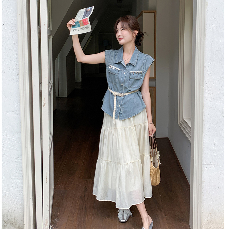 Summer Korean-Style Sweet and Cool High-End Lace-Up Denim Vest Set 2026 New Textured Skirt Two-Piece Set