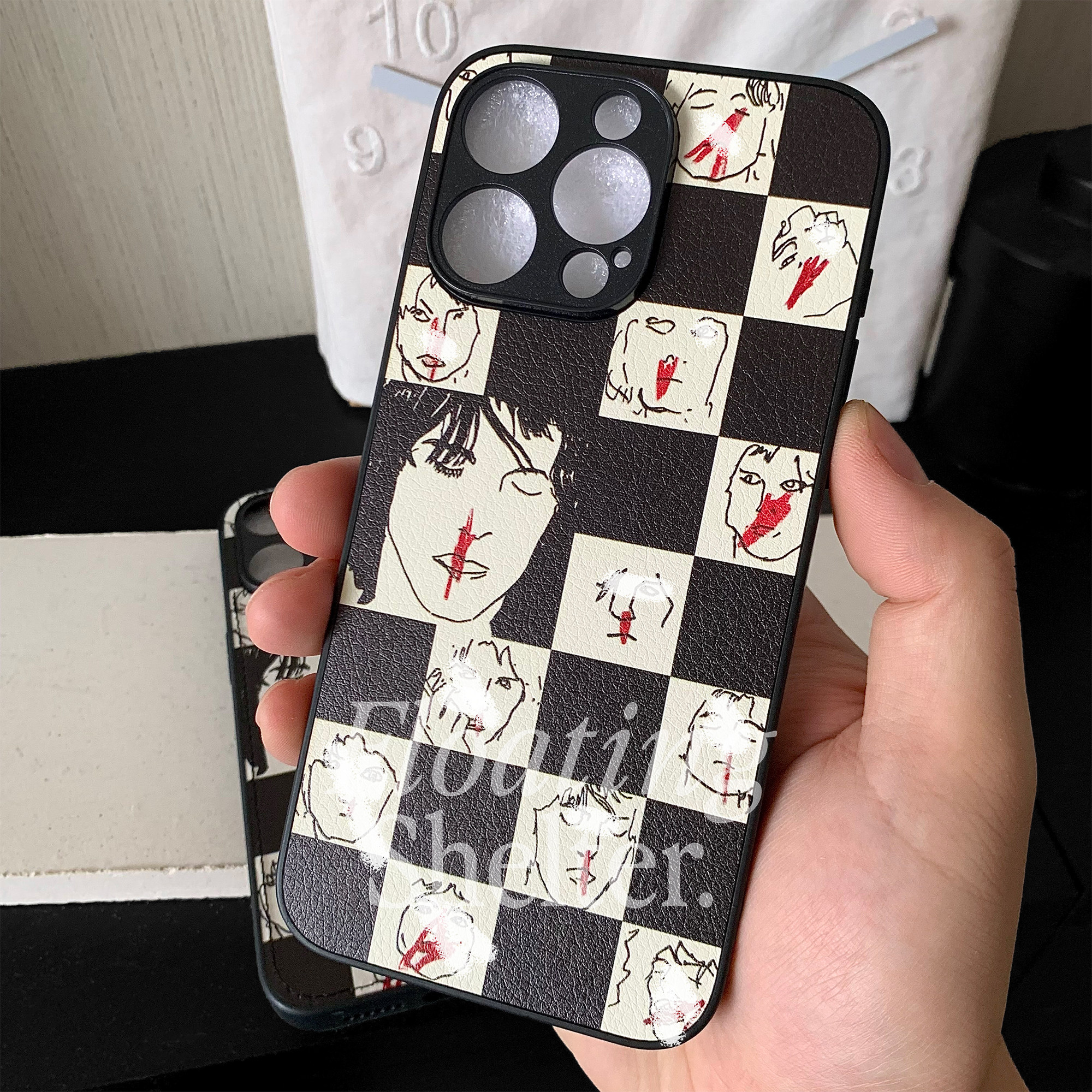 Original - Niche Designer Erd's Melancholic Rich Second-Generation Nosebleed Series Hand-Drawn Pattern Genuine Leather Phone Case Rock Punk - Suitable for Apple iPhone Pro Max and Other Couple Phone Cases