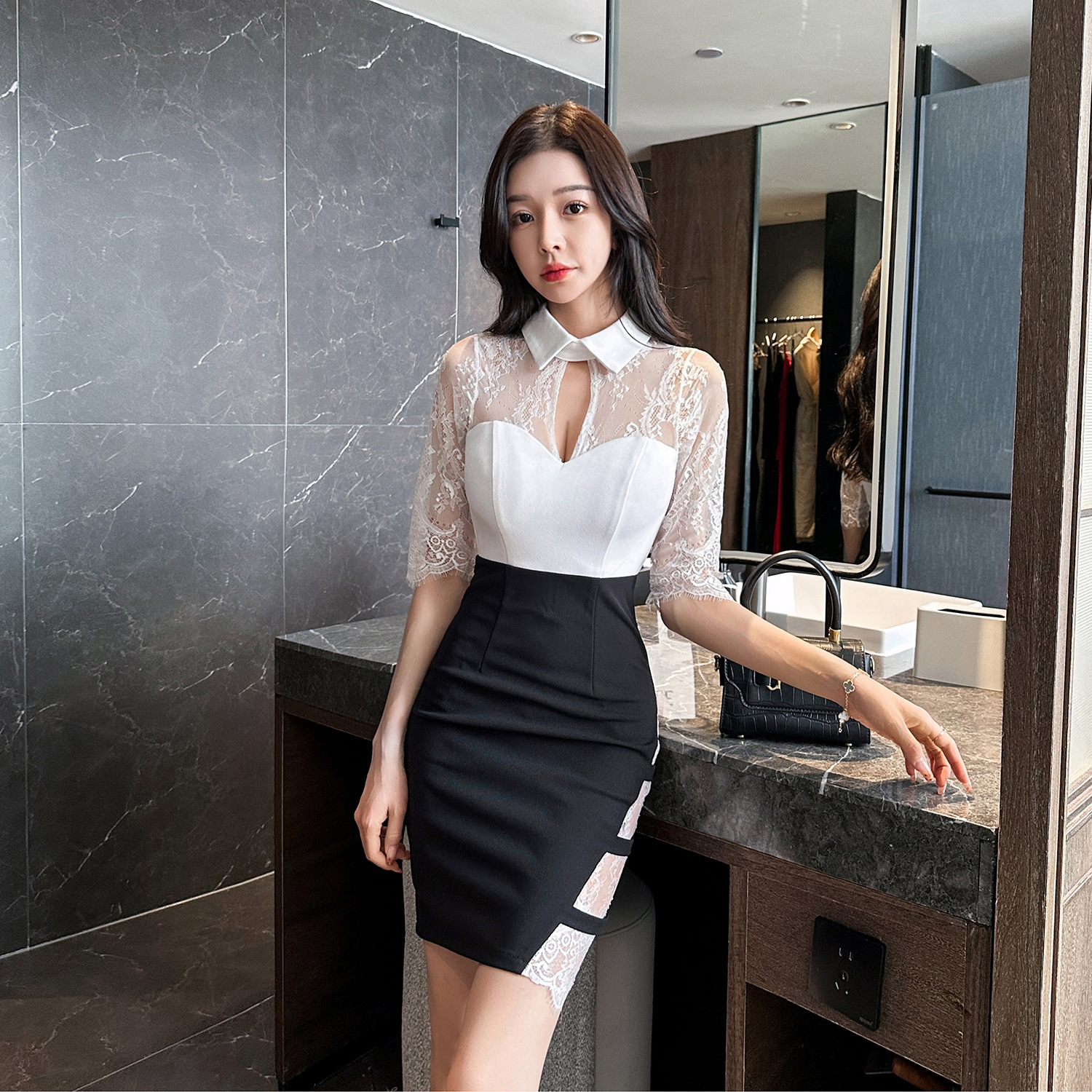 Sexy Deep V-Neck Lace Patchwork Bodycon Dress Nightclub Foot Massage Therapist Work Uniform Bar Uniform Temptation