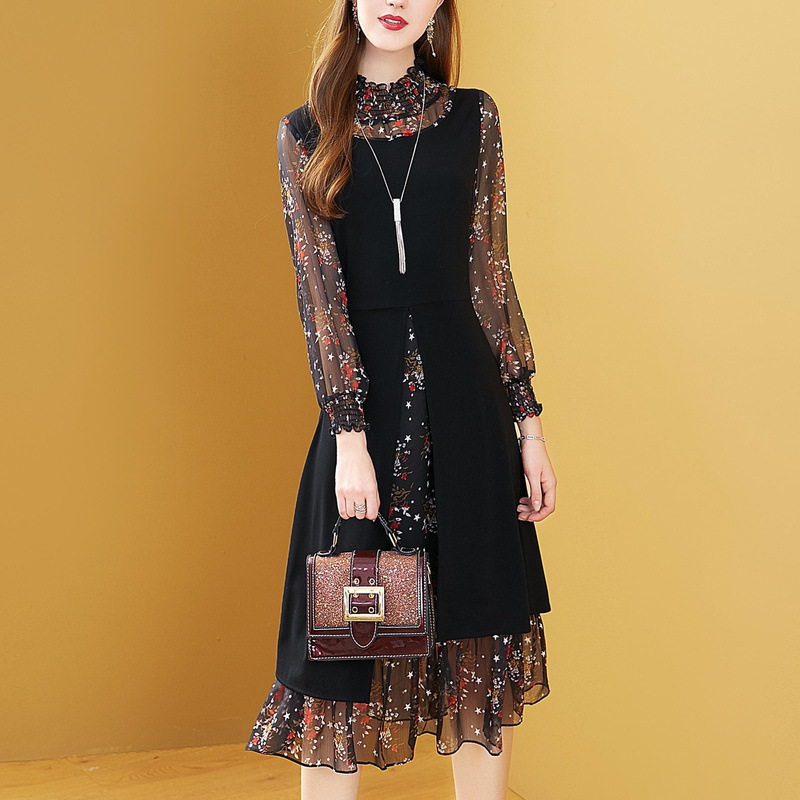 2023 Spring New plus size women's clothing fat mm200 kg belly hiding meat dress fake two-piece chiffon fairy skirt