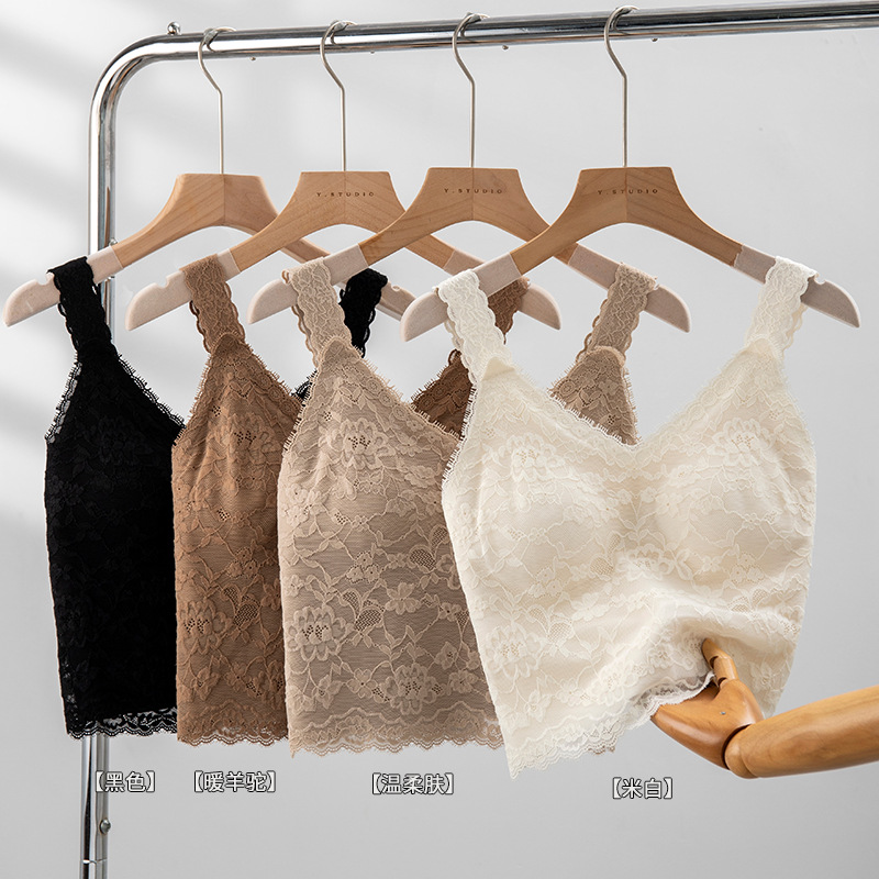 Eyelash Lace Brushed Beautiful Back Sling Women's Autumn and Winter V Neck Fixed Cup Push-Up Intimates Slimming Look Bottoming Vest