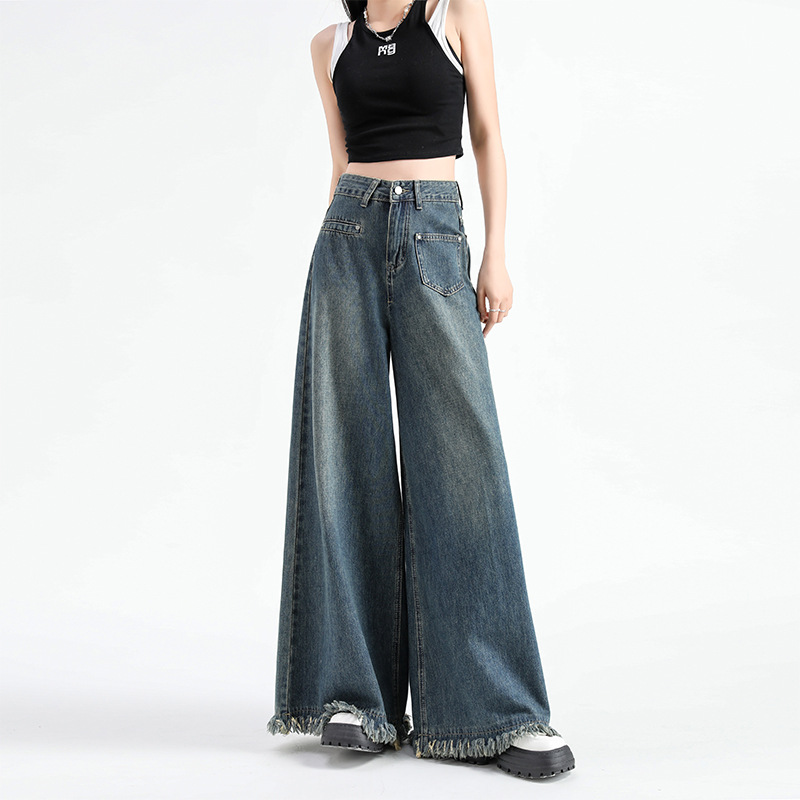 American Style Old Wide Leg Jeans Women's Summer High Waist Loose Slimming Washed Tassel Fringe Retro Straight Pants