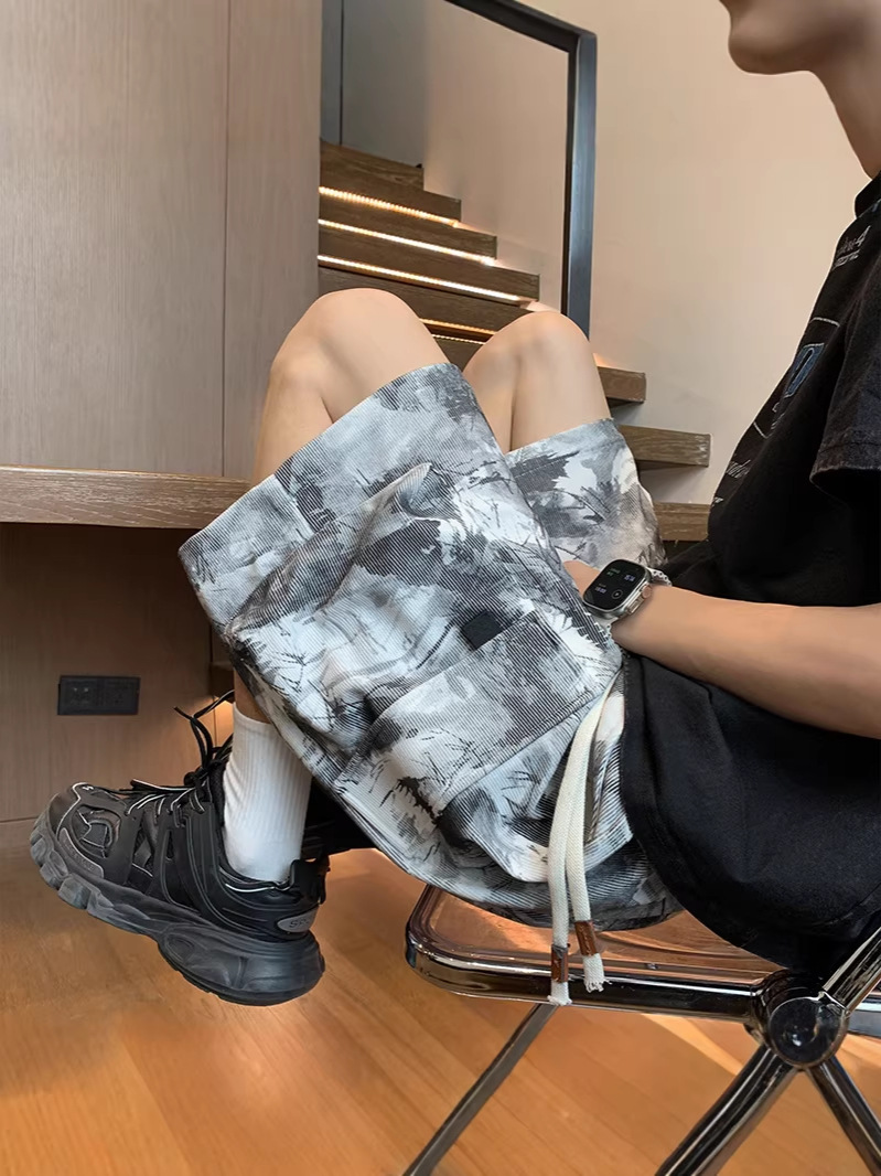 Tie-Dye Corduroy Shorts for Men, Summer Trendy Brand, Multi-Pocket Workwear, Five-Point Pants, Beach Shorts, Wholesale and Dropshipping