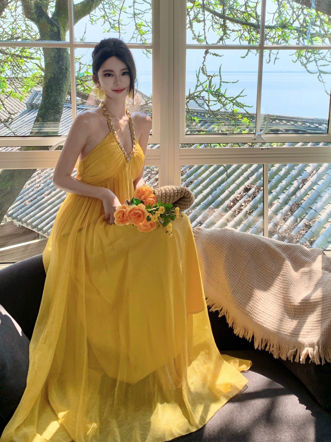Beautiful Yellow Dress with V-Neck and Halter Neck, Long Chiffon Dress for Women, Perfect for Seaside Vacation, with a Flowy and Ethereal Design and a Large Hem