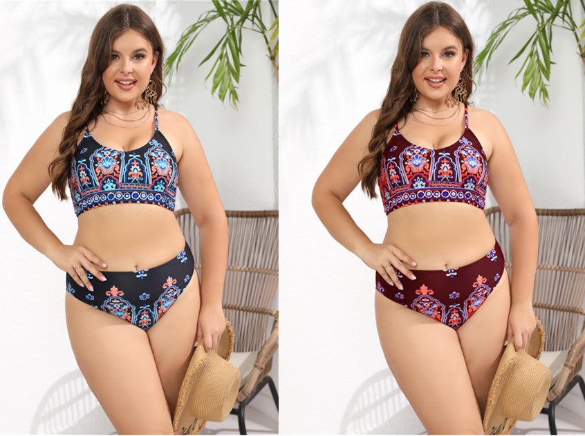 European and American New Plus Size Bikini Sexy Blue Printed Vests High Waist Swimsuit DM439