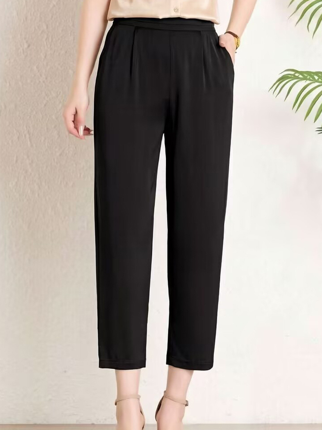 Silk Black Harem Pants for Women, Thin Summer High-Waisted Carrot Pants, Cropped Casual Pants, Versatile Suit-Style Slim Pants for Women