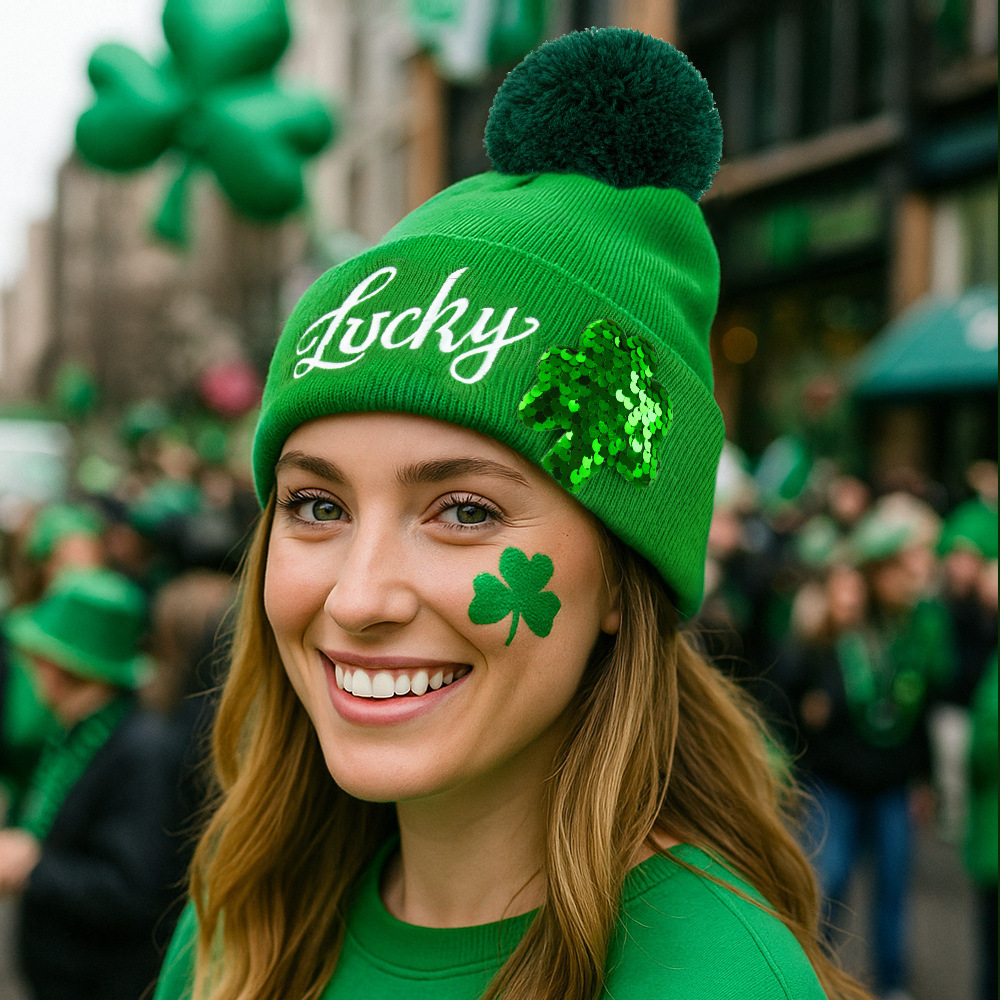 St. Patrick's Day Green Clover Sequin Knit Hat Irish Festival Letter Pom-Pom Warm Beanie