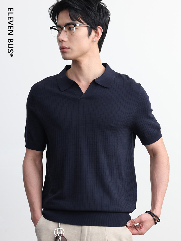 Trendy Old Money Style Breathable Short-Sleeve Knit Shirt for Men, New Spring/Summer Japanese Style Casual Solid Color Versatile Top