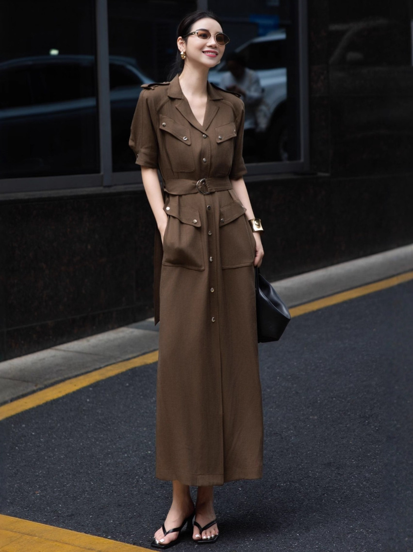 Summer Design Heavy High-Density Linen Shirt Collar Slim-Fit Height-Enhancing Dress Women's Charming Texture Age-Reducing Fashion
