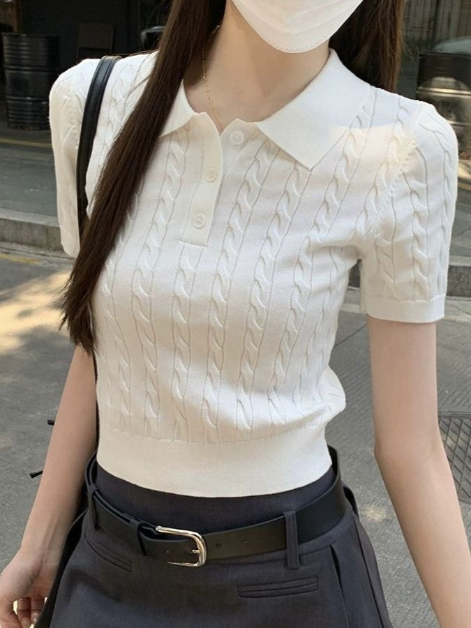 Korean Style Buttoned Polo Collar Short-Sleeved Twist Knit Sweater for Women 2026 Summer New Style College Age-Reducing Short Top for Women