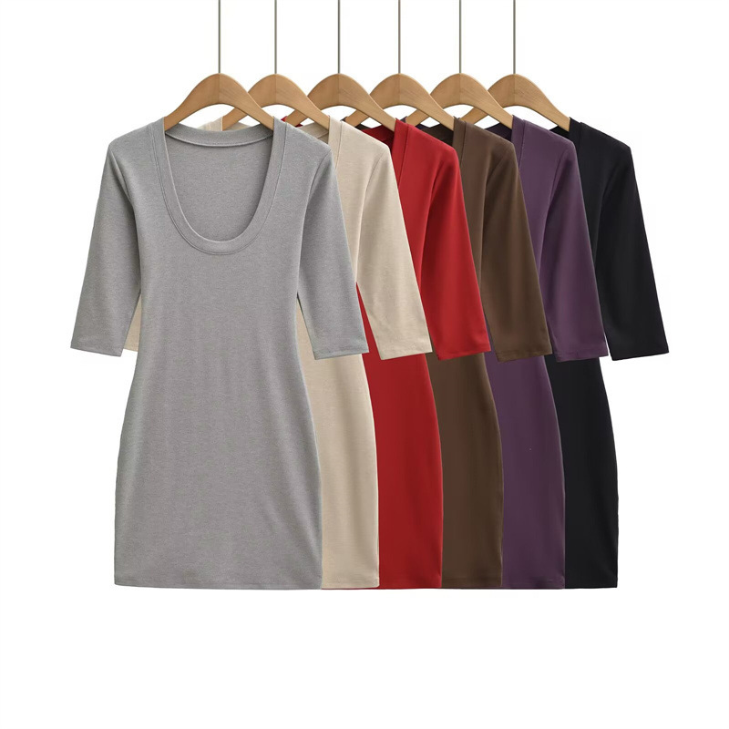 Deep V-Neck Mid-Sleeve Bodycon Dress for Women, New Spring Style, Stylish Slim-Fit Base Dress, Waist-Cinching, Slimming, Sexy Short Dress