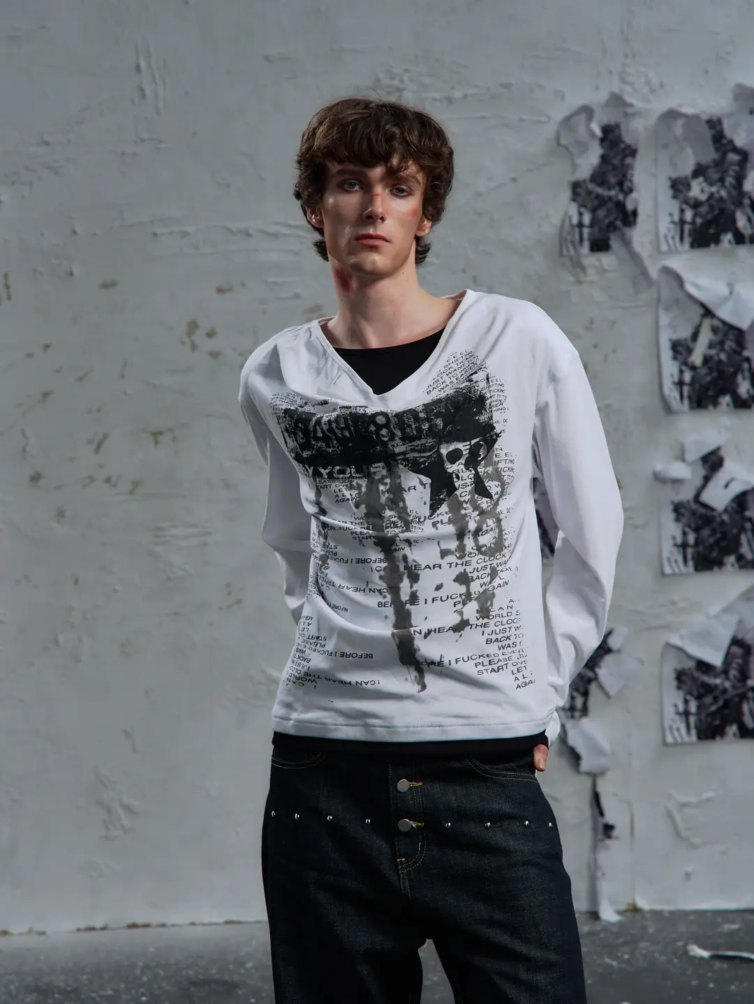 Paiki'Prelude to Cyrus' Rights Code Fake Two-Piece Long Sleeve T-Shirt with Pile Collar Design Casual Subculture Sweatshirt