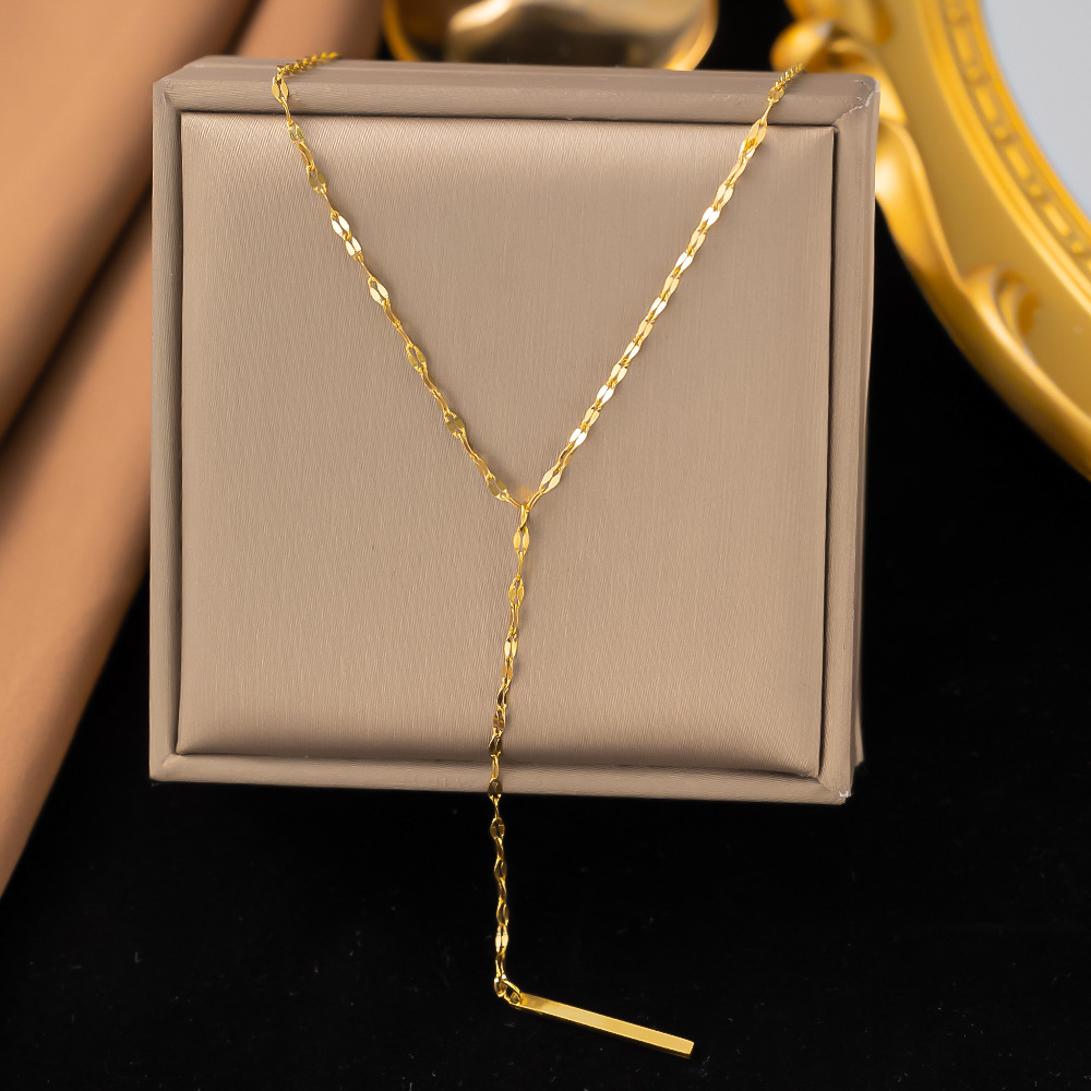 Simple Stainless Steel Women's Cross Chain White Zircon Tassel Necklace Golden Distinctive Tassel Clavicle Chain Y-shaped Summer