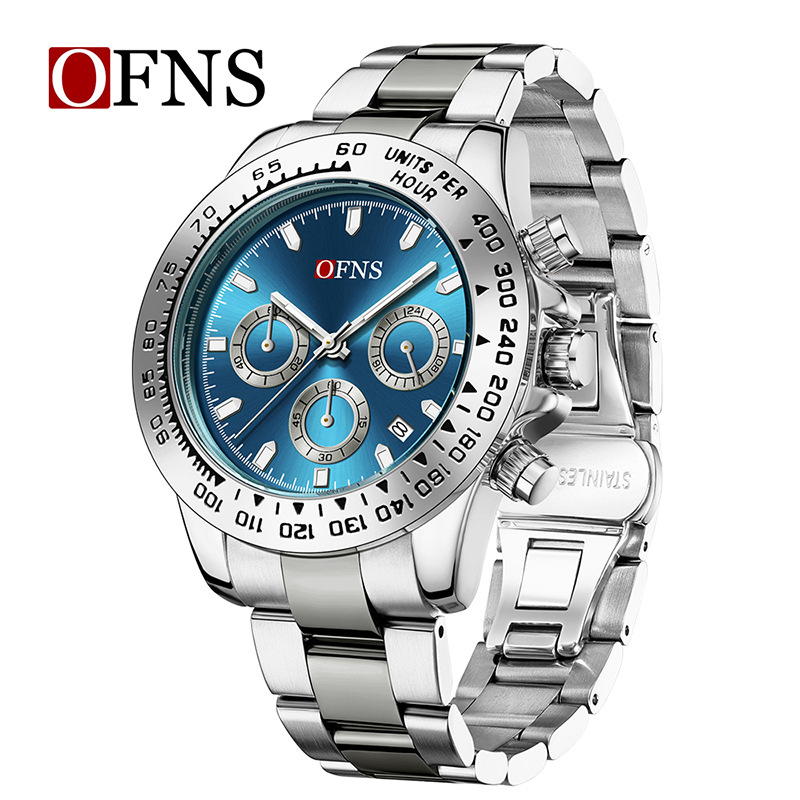 Ofns Fashion Sports Waterproof Watch Men's Business Cool Trendy Quartz Watch Three-Eye Six-Pin Single Calendar Steel Band Watch