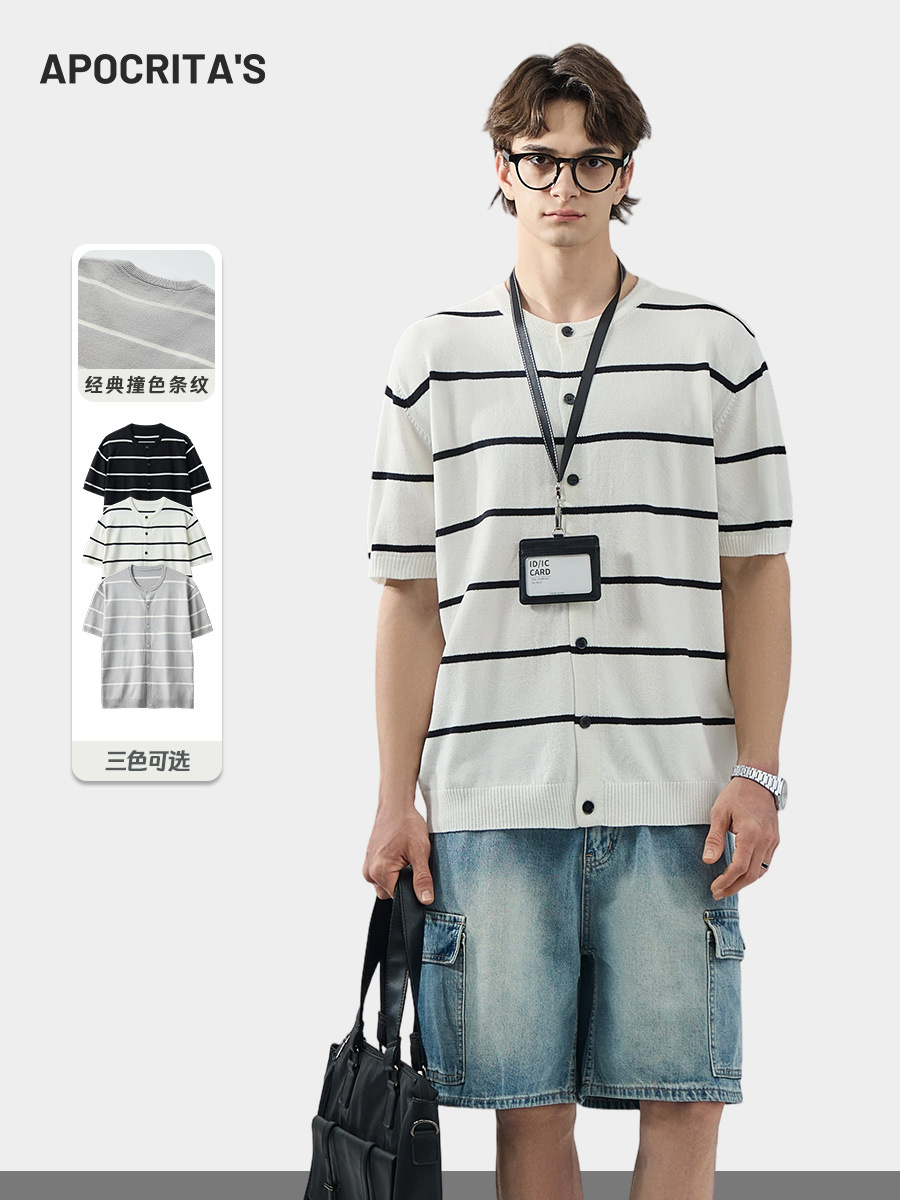 Apo Men's Clothing | Cross-Border Striped Knitted Cardigan Jacket for Men, Summer High-End Old Money Style, Loose and Lazy Short-Sleeve Top.