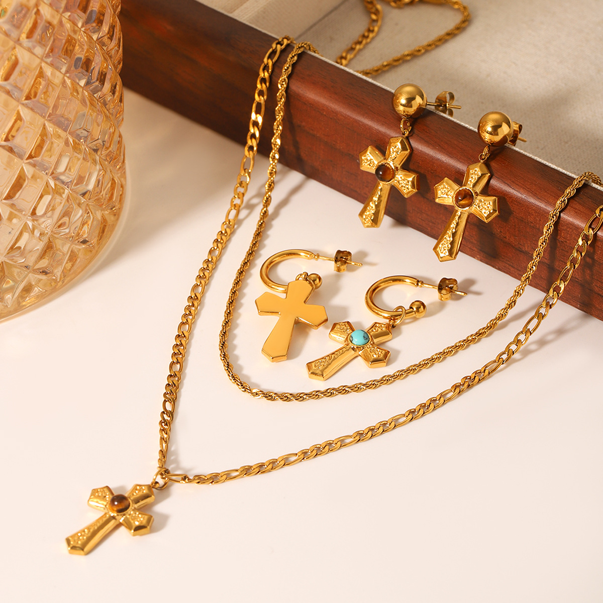 French Stainless Steel Figaro Chain Twist Chain Double Layer Necklace Cross Pendant Inlaid with Tiger Eye Stone Turquoise Earrings