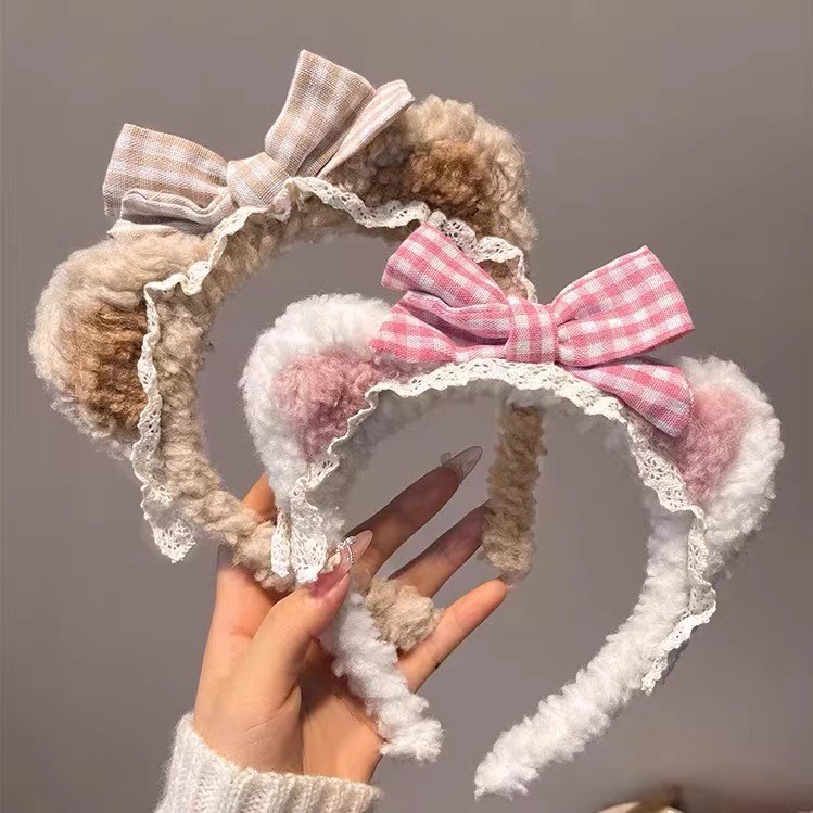 Bear Bow Ear Plush Hair Hoop Women's Wash Face Pressed Hair Lace Headband Korean Style Hair Stamp Cute Hair Bundle Headwear