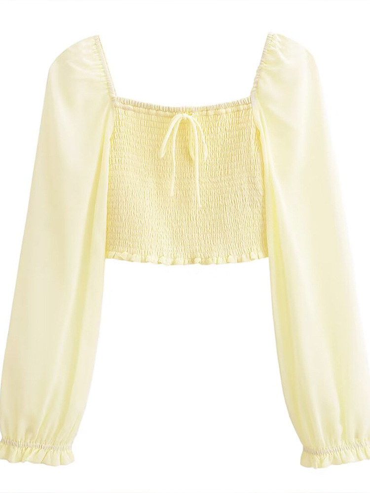 2025 Summer New Style French Retro Sexy Square-Neck Ruched Elastic Slim-Fit Ultra-Short Shirt Top