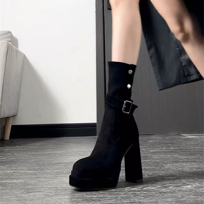 Beijianglang 12cm Waterproof Platform High-Heeled Short Boots for Women 2026 Autumn and Winter New Fashion Thick Heel Side Zipper Two-Wear Women's Boots
