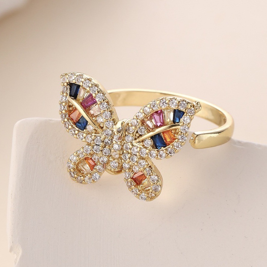 Cross-border explosions exaggerated design fashion copper inlaid zircon color butterfly personality animal jewelry ring wholesale supply