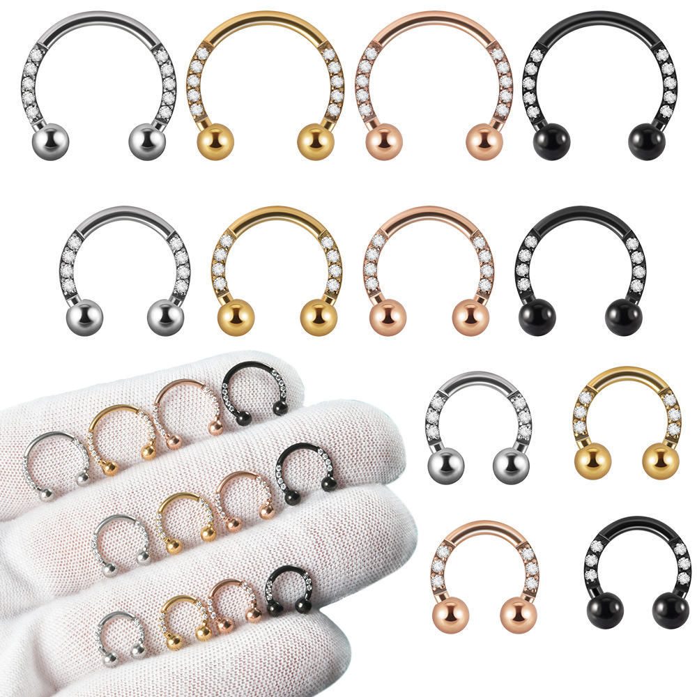 Cross-Border 16g Stainless Steel Electroplated Gold Carved Inlaid White Zircon Earrings Nose Ring U-Shaped Puncture External Tooth Ear Bone Ring