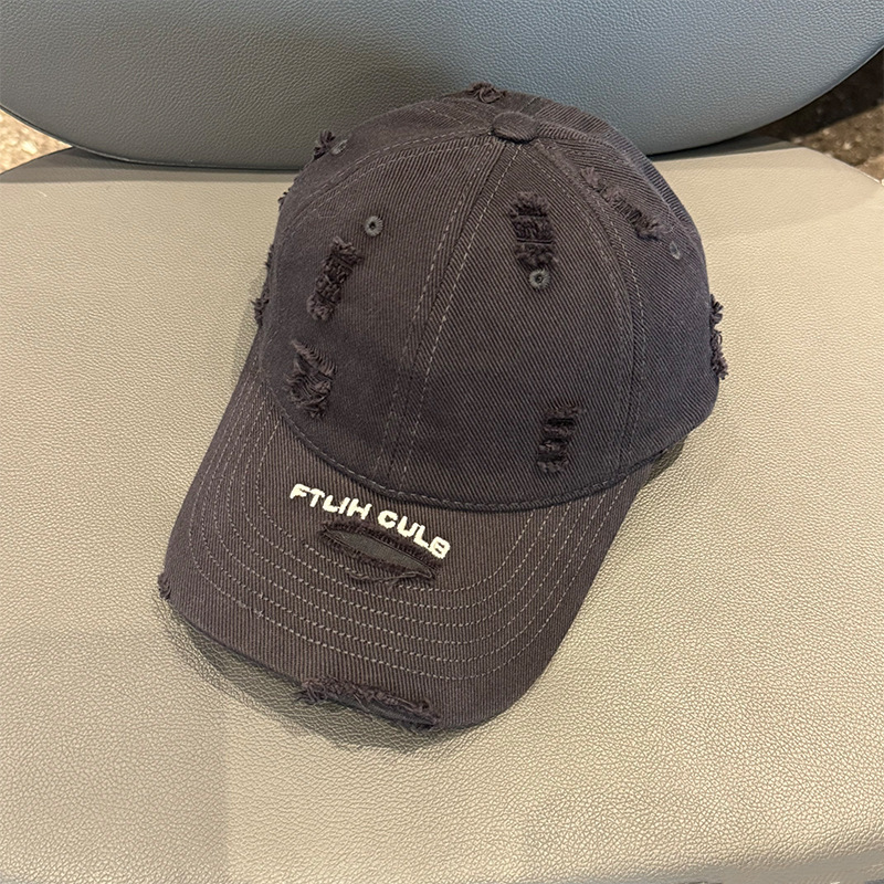 New Retro Korean-style Ripped Embroidered Letter Baseball Cap Men's and Women's Soft Top Curved Cornice Couple's Cap Casual Trendy