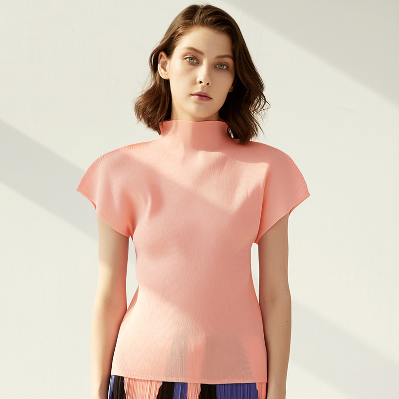 2026 Summer New Issey Miyake Style Simple Half-High Collar Slim-Fit T-Shirt for Women Versatile Top Women's Tank Top Wholesale