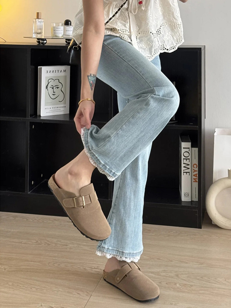 Light-Colored Lace-Trimmed Jeans for Women, Plus-Size, Slimming, Non-Tight, Slightly Flared, Large Size, Stretchy, Cropped Straight-Leg Pants