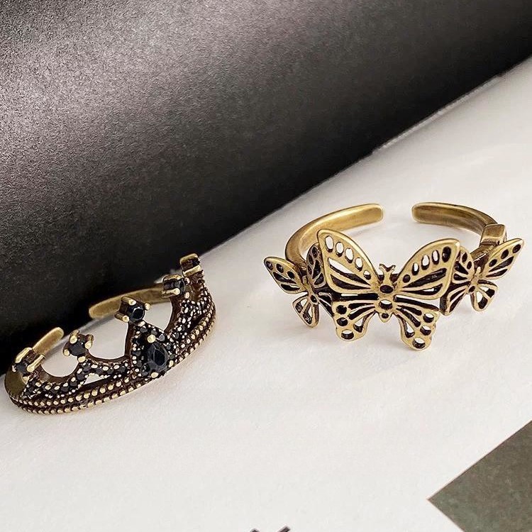 Hollow Butterfly Crown Vintage Antique Ring Stacked Wear suit Niche Design All-match Finger Ring Sweet Cool Style Ring