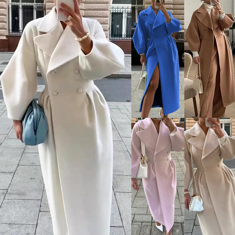2022 cross-border European and American Hepburn woolen coat court temperament woolen coat lantern sleeve large lapel long coat