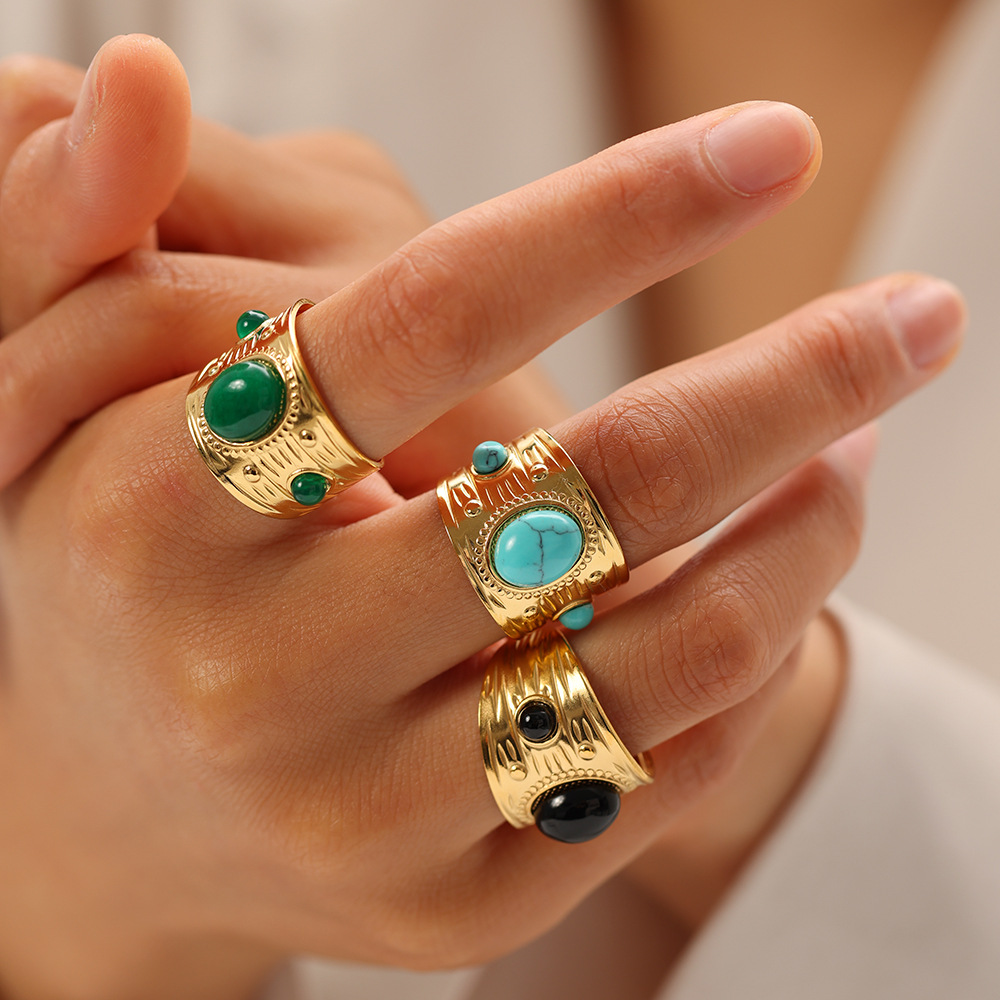 French retro ring European and American ins turquoise ring wholesale new open ring does not fade titanium steel ring