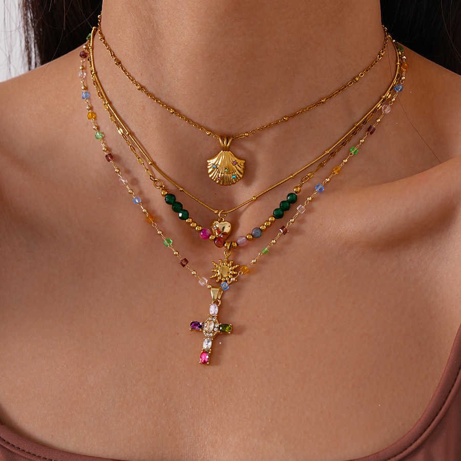 European and American Diamond-Encrusted Metallic Cross Imitation Shell Sunflower Heart Beaded Necklace Niche Elegant High-End Necklace for Women