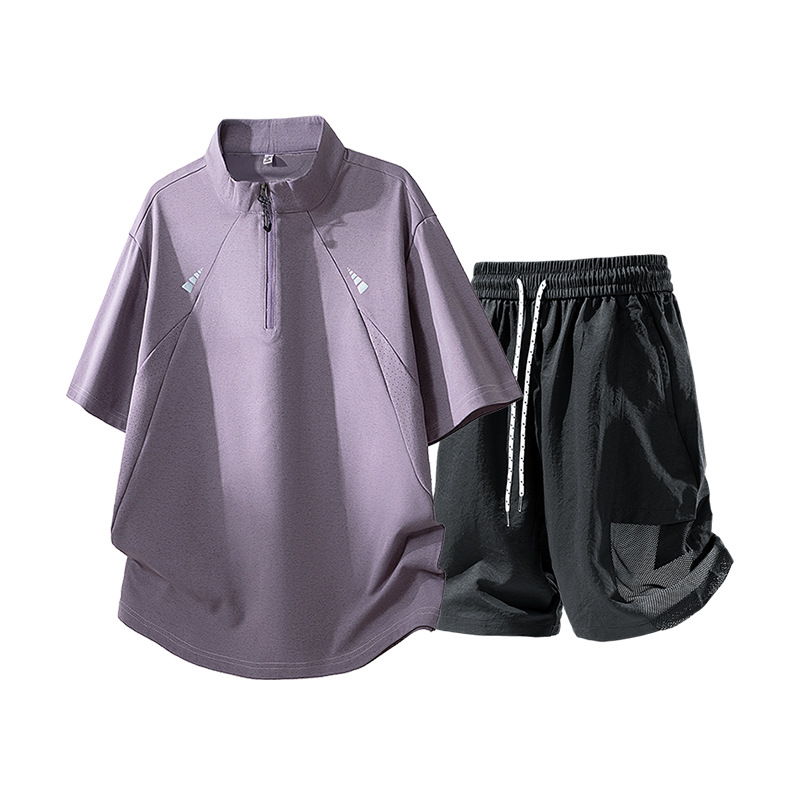 Half-Zip Short-Sleeved Suit for Men, Summer Thin Sports Half-Sleeved T-Shirt for Fat Men, Plus Size Casual Two-Piece Set