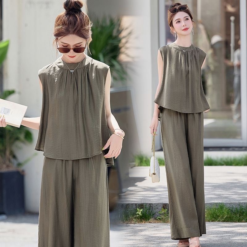 Wide-Leg Pants Set Sleeveless 2026 Summer Korean Style New Trendy Fashionable Slim-Fit Casual Two-Piece Set Cross-Border