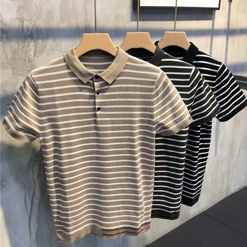 Spring New Ice Silk Striped POLO Knitted Short-sleeved Men's Fashionable Light Mature Business Slim-fit Round Neck Daily T-shirt Top