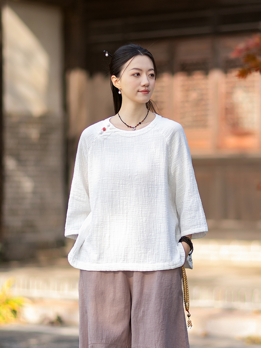 26 Spring New Vintage Artistic Cotton and Linen Women's Round Neck Color-Block Button-Up Pullover Shirt Women's T-Shirt