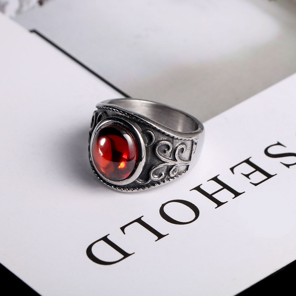 Source factory wholesale magic pomegranate ruby ring temperament men hip hop titanium steel ring SA704