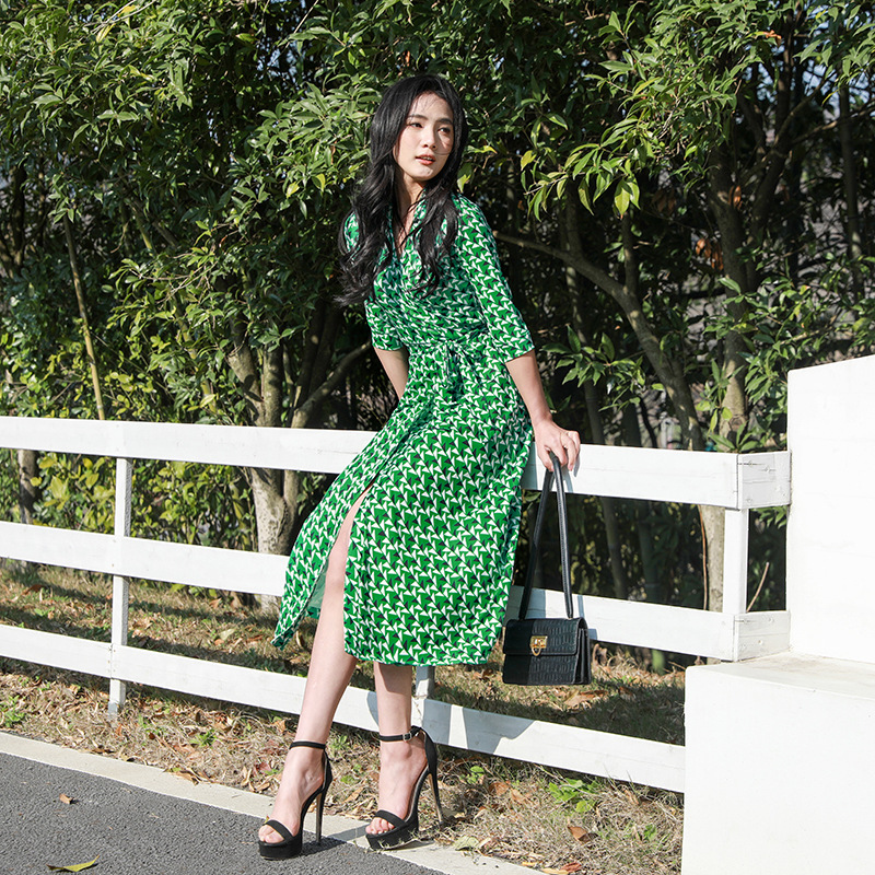 Spring Breath Green Triangle Geometric Pattern Printed Urban Style Lapel Chest Wrap Waist Belt Dress