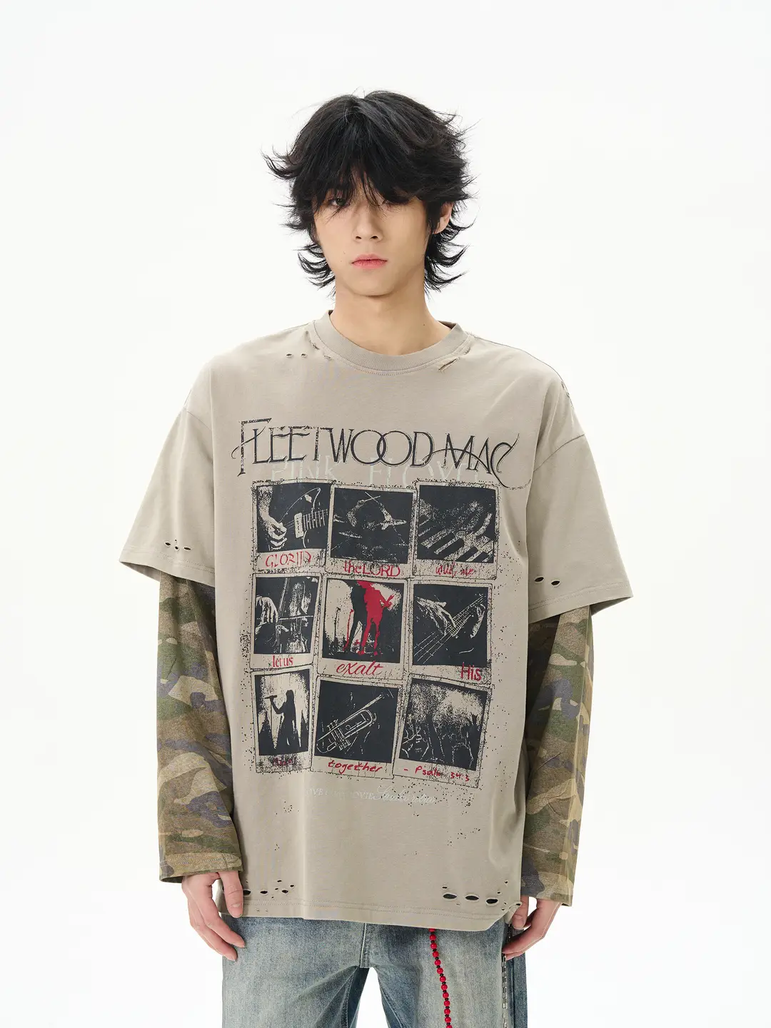 Oro's store Spring American retro fake two pieces long-sleeved T-shirt men gangster handsome senior sense of camouflage splicing top tide