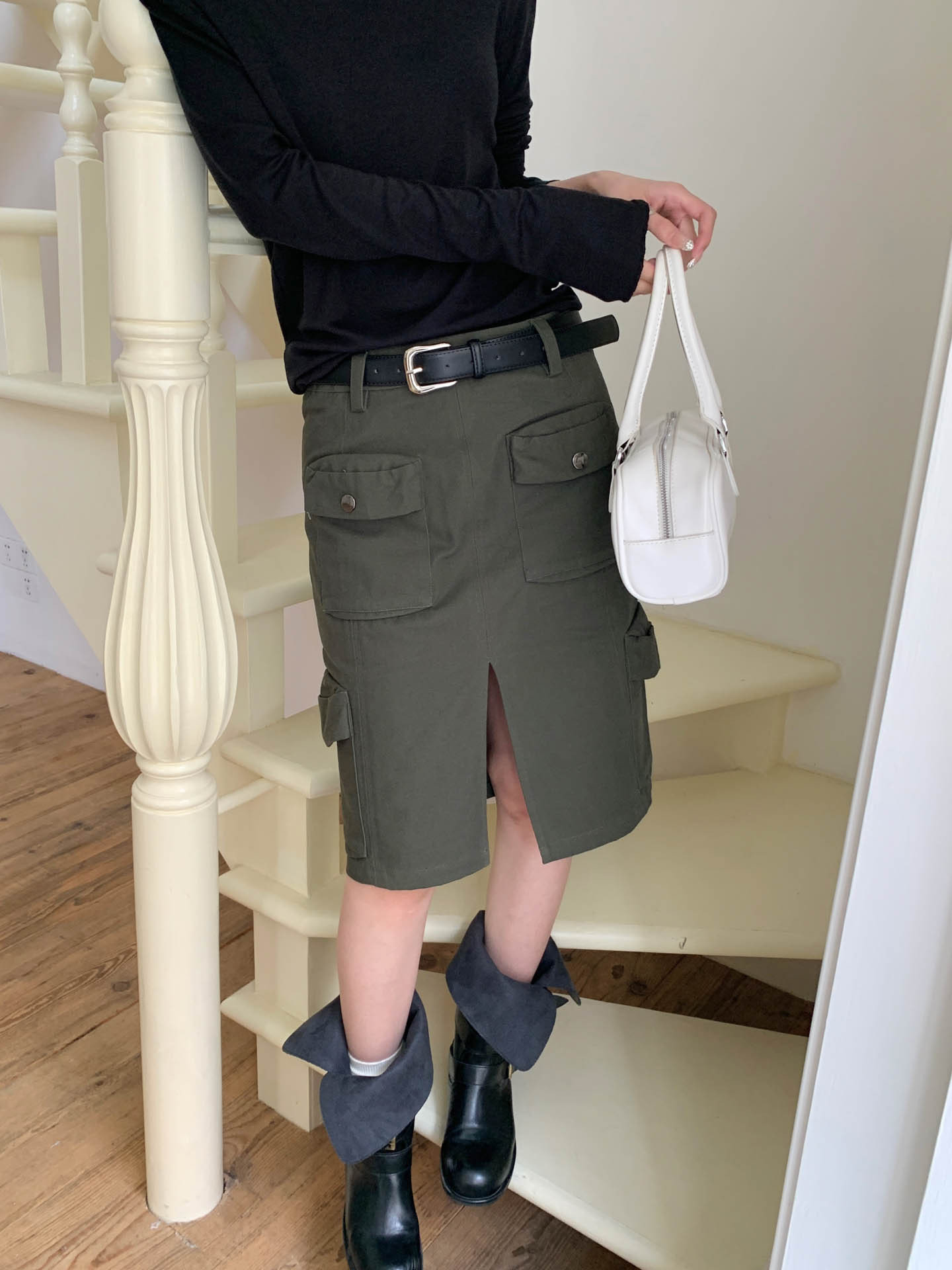 Gagd Fashionable and Talented Multi-Pocket Workwear Skirt for Women, Unique Design Retro Slit Straight Skirt