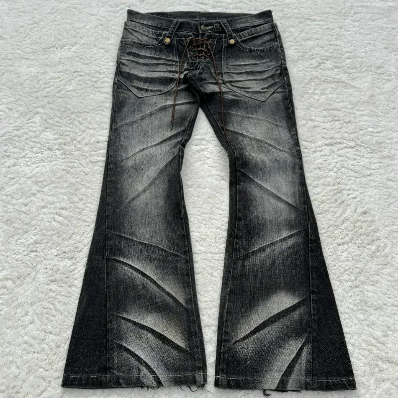 European and American Cross-Border 2025 New Trumpet Lace Y2K Jeans Men's Retro Washed Double Waist High Street Brother Long Pants