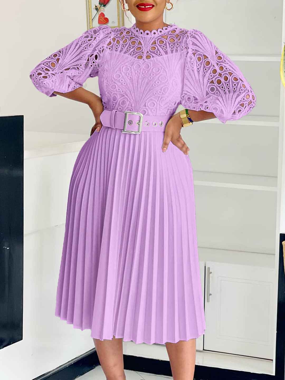 C8595 European and American foreign trade women's 2024 new temperament solid color lace crochet hollow pleated cross-border dress