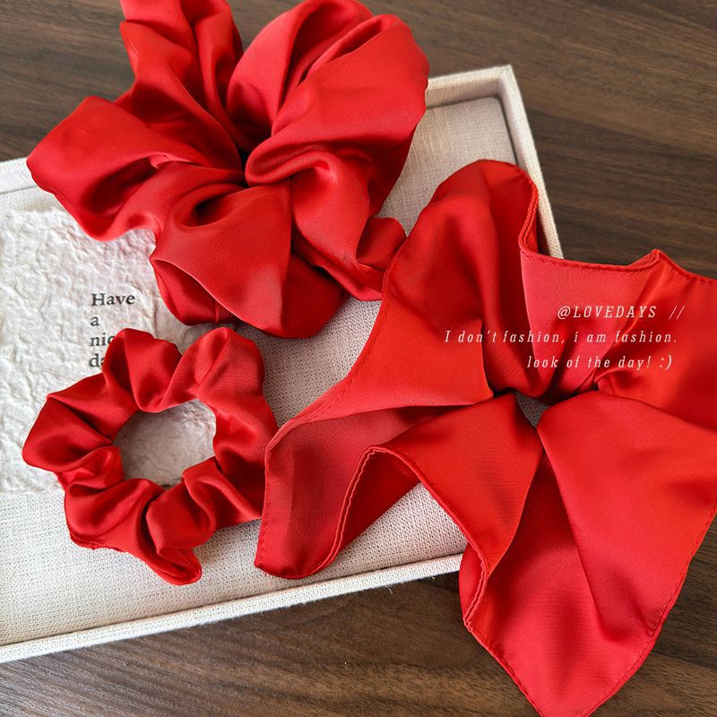 High-grade Retro Satin Red Square Large Intestine Hair Ring Hair Accessories Rubber Tendon Women's Hair Rope Elegant Ponyo Head Rope