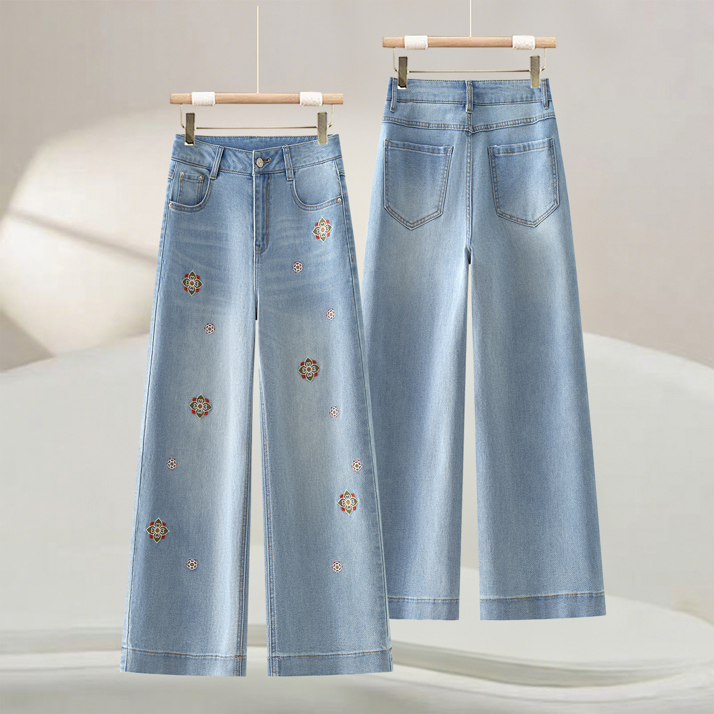 Embroidered Floral Loose Slimming Denim Straight-Leg Pants for Women 2026 Summer New Casual Versatile Wide-Leg Cropped Pants