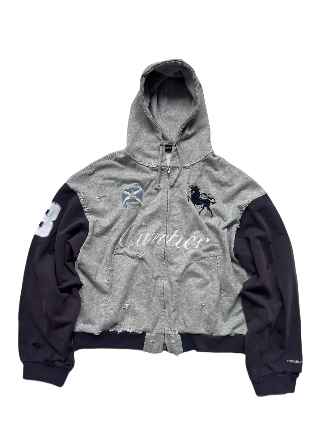 ASTT 25AW War Horse Embroider Destruction Washed Old Patchwork Loose Hooded Shoulder Sweatshirt Zip Cardigan