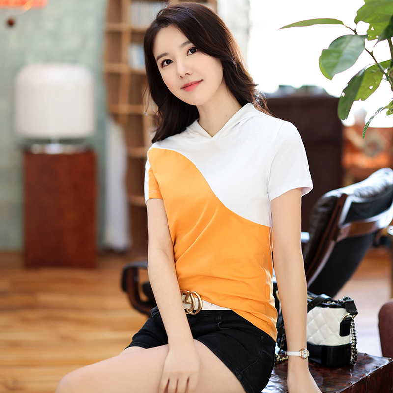 Big Sale New Summer Clothes Ins Super Popular Niche Design Hooded Contrasting Color Pure Cotton Versatile Korean Style Short-Sleeved T-Shirt for Women 7312