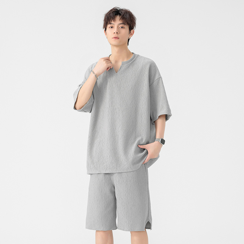 2026 Summer Japanese-Style Simple V-Neck Textured Short-Sleeve Shorts Men's Casual Set Ice Silk Trendy Brand Youth Outfit